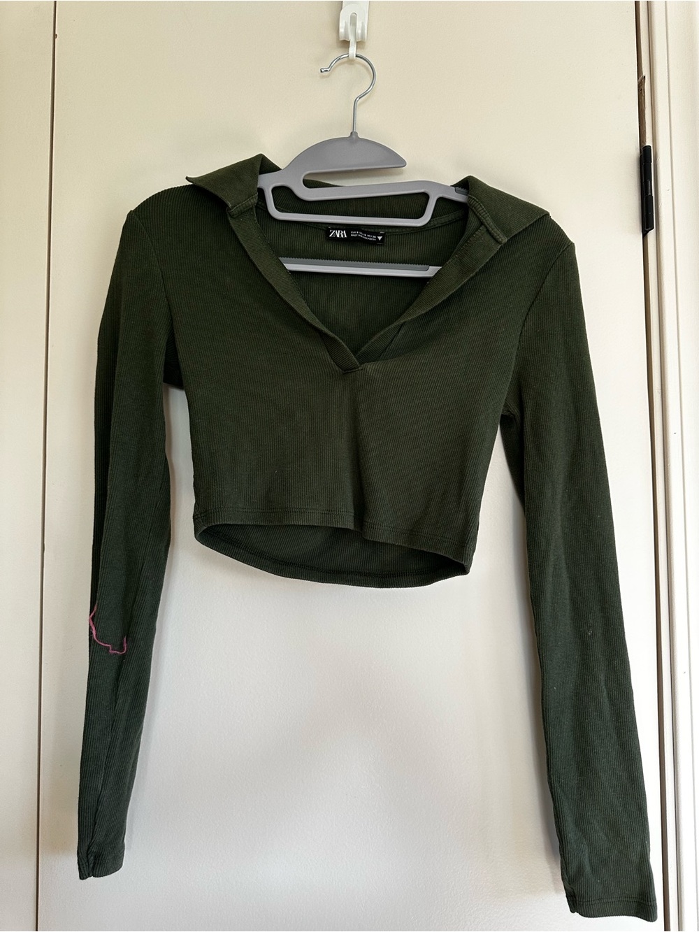 Zara Olive Green Cropped Long Sleeve Polo Top